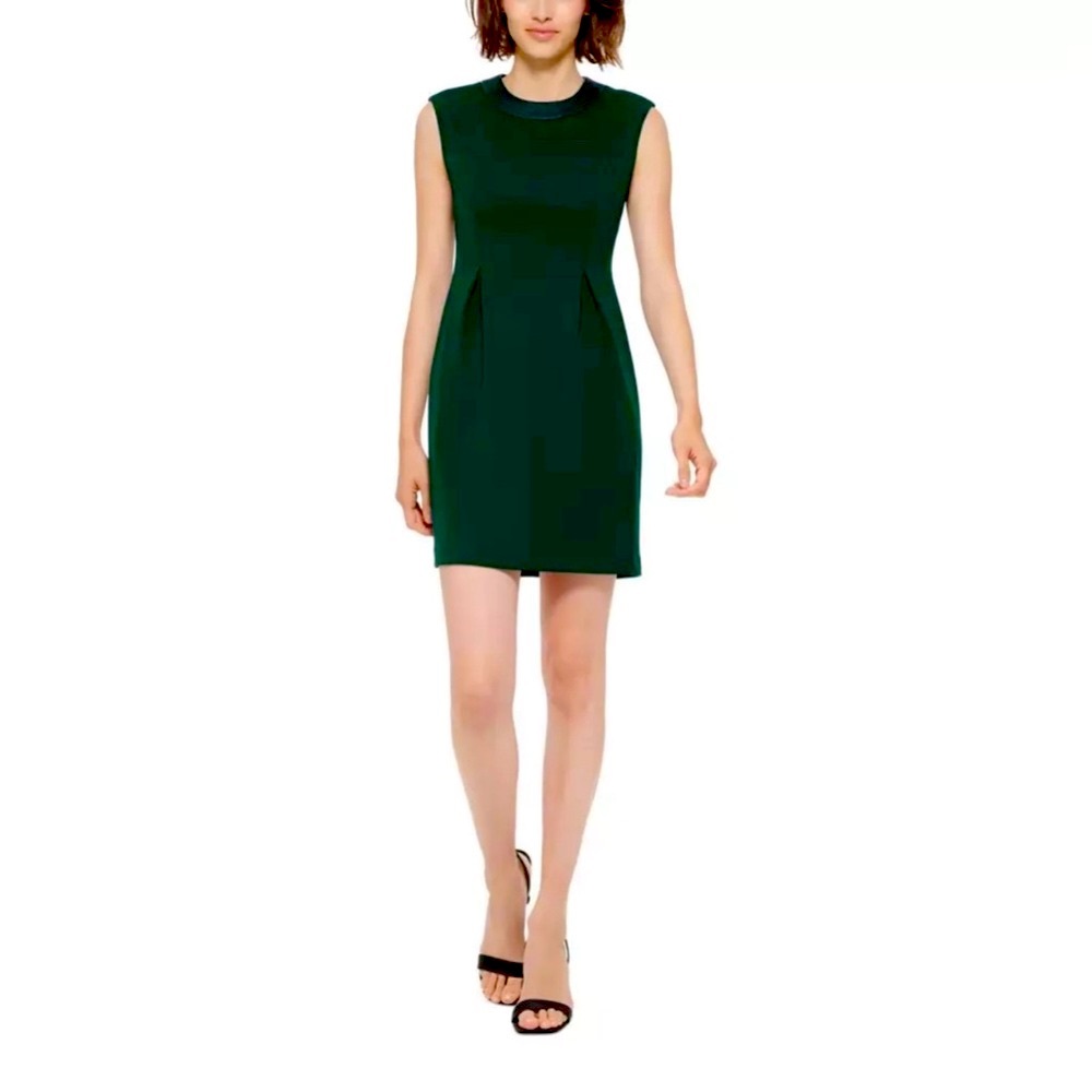 NWT Calvin Klein Faux Leather Trim Knee Sheath Sleeveless Suit Dress Black 16